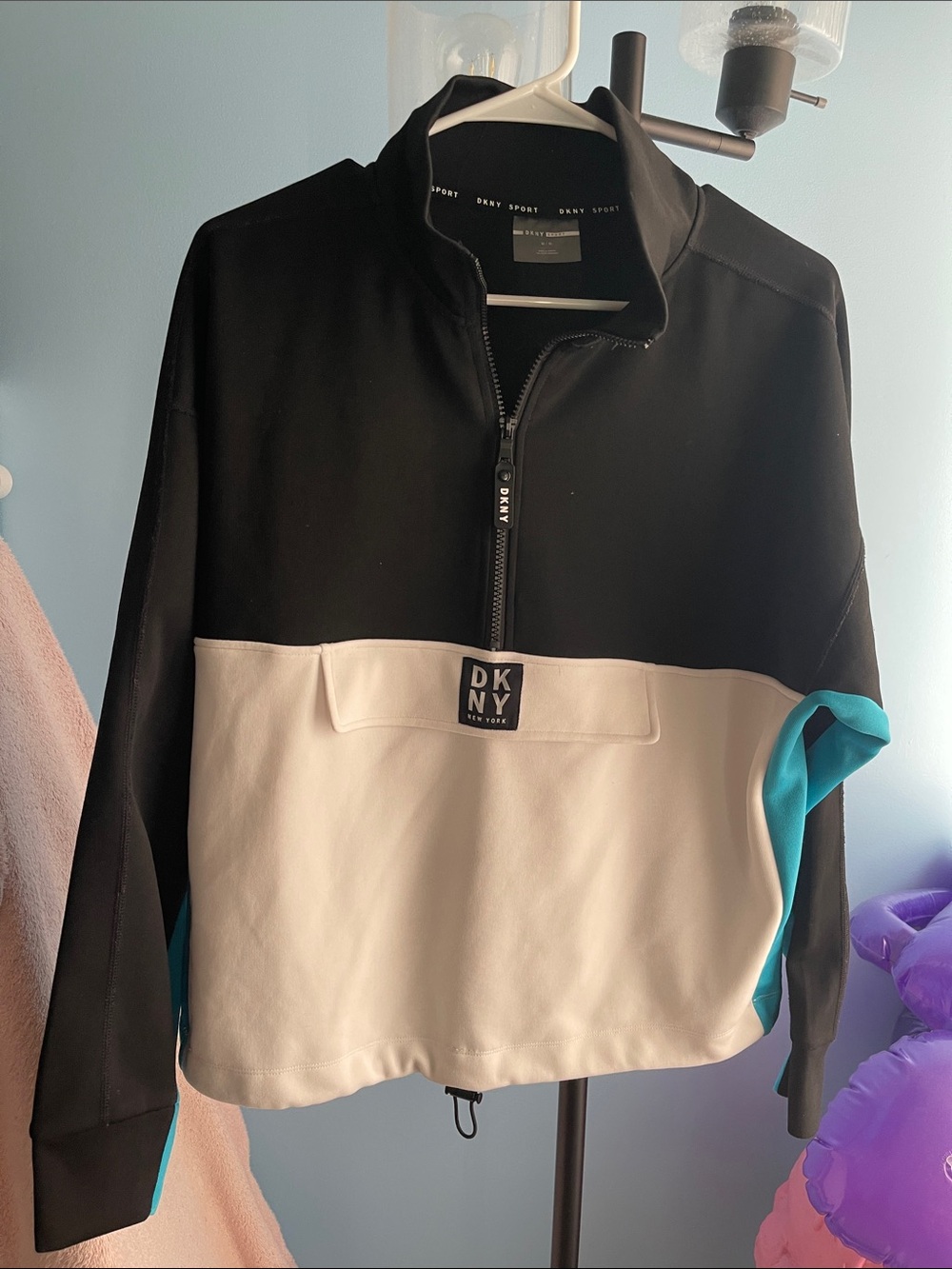 Dkny Colorblock Half-Zip Pullover - Black, White & Teal